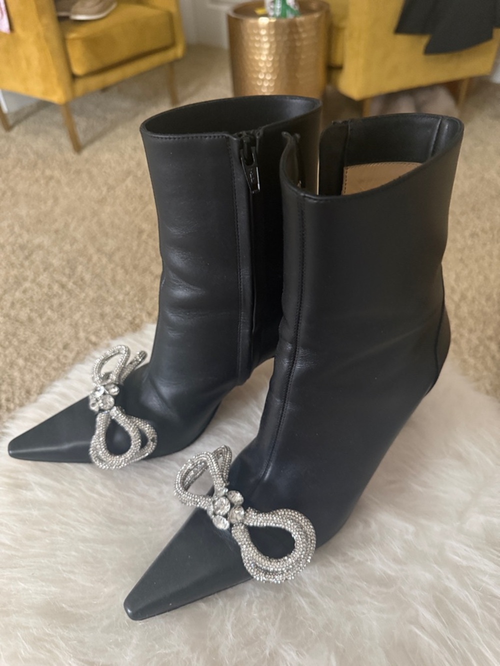 MACH & MACH Black Pointed Toe Ankle Boots with Crystal Bow Accents - Picture 5 of 5